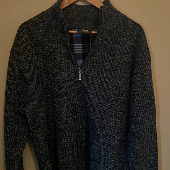 Marbled Navy Blue and White Half-Zip Pullover Sweater, Lined with Plaid Fleece - Picture 2 of 6